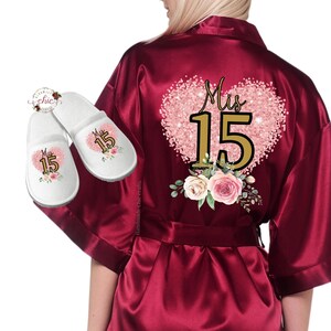 Mis Quince Robe, Pink Heart XV Satin Robe, Bridesmaid Party Robe Birthday Gifts, Sweet 16 Gifts, Mis Quince, Mi Quinceañera Robes,