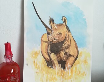 Rhinoceros, orginal picture watercolor drawing wild animals nature unique piece realistic colorful decoration to hang wall
