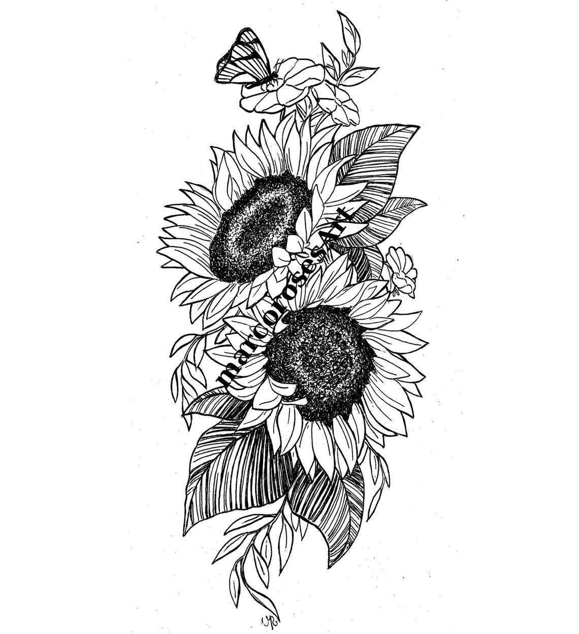 Sunflower and Butterfly Design Floral Idea for Tautaggio or Etsy