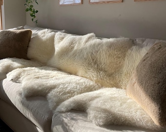 Manta de sofá, manta de piel de oveja, funda de sofá de piel, decoración hygge, decoración nórdica, alfombra mullida