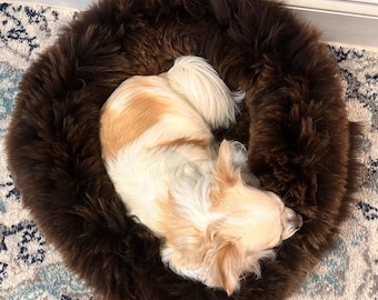 Fluffy sheepskin pet bed, Dark brown sheepskin animal bed, Plush sheepskin dog bed, Natural fur pet bed, Organic sheepskin pet bed