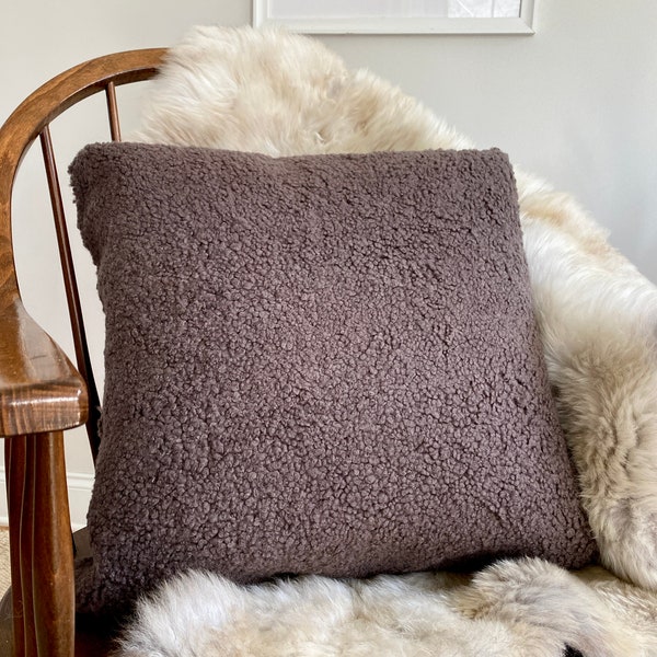 Taupe Sheepskin Pillow, Brown Shearling Sheepskin Cushion, teddy boucle throw pillow, Soft Sheepskin Pillow Cover, Teddy Shearling Pillow