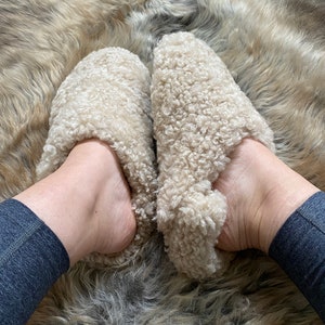 Tan Slip-On Slipper, Teddy Shearling slippers, cozy slippers, sheepskin slippers, warm feet, Hygge home, cozy fashion image 5