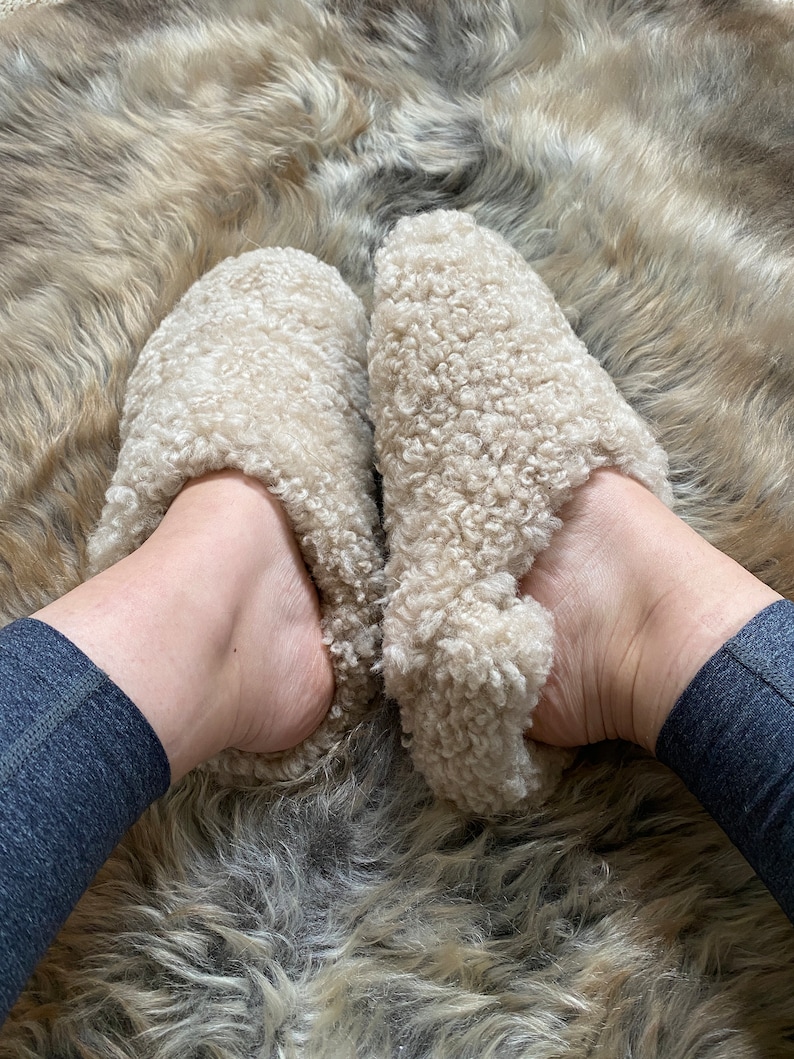 Tan Slip-On Slipper, Teddy Shearling slippers, cozy slippers, sheepskin slippers, warm feet, Hygge home, cozy fashion image 5