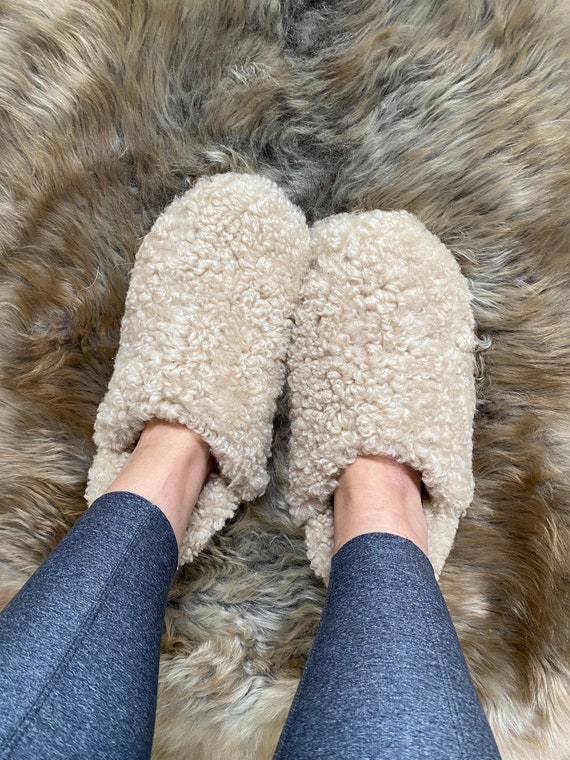 Tan Slip-On Slipper, Teddy Shearling slippers, cozy slippers, sheepskin slippers, warm feet, Hygge home, cozy fashion