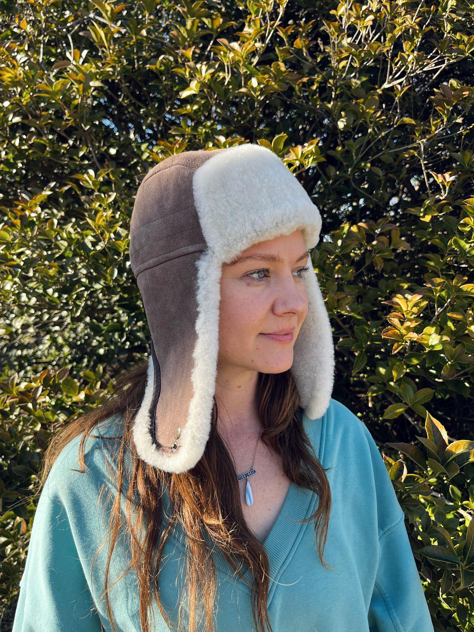 Walnut Leather Aviator Hat for Women, Warm Aviator Trapper Hat, Unisex Winter Cap, Real Leather Pilot Hat, Cozy Trapper Style for Winter