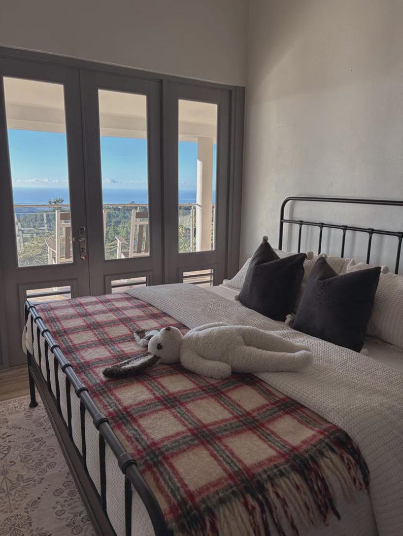 May include: A black metal bed frame with a white textured duvet, two dark gray square pillows, and a cream-colored throw blanket featuring a red and dark green plaid pattern. A white plush rabbit toy lies on the bed, which is positioned near glass doors.