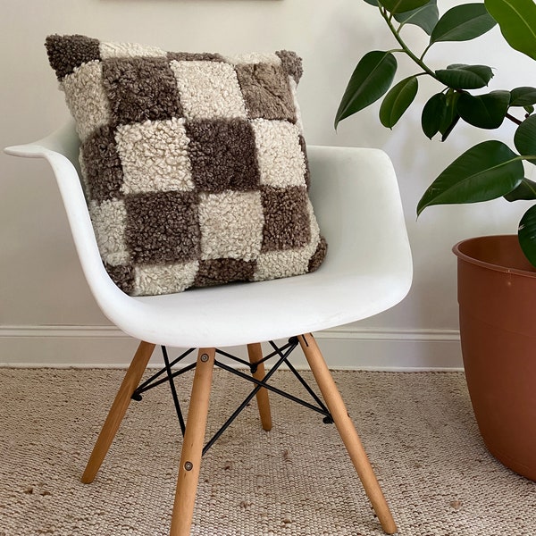 Checkered Pillow, Teddy Shearling Sheepskin,  Aesthetic Sheepskin Cushion, Lovely Sheepskin Pillow for home, Checkered Decor, Farmhouse