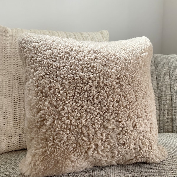 Shearling Sheepskin Couch Pillow, Tan Shearling Sheepskin Cushion, Lovely Sheepskin Pillow, Soft Sheepskin Pillow Cover, Genuine Fur Pillow