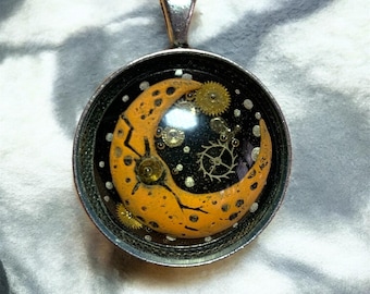 Steampunk moon in resin pendant