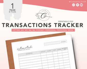 AUTOMATED TRANSACTIONS TRACKER | Printable | Budget Planner, Debt & Bill an Monthly Bill Trackers, Savings Chart, Expense/Spending Tracker