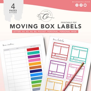 May include: Printable PDF moving box labels with a colour chart and sample labels. The labels have sections for room, contents, instructions, heavy, fragile, and packed by. The labels are designed for organising and labelling moving boxes.