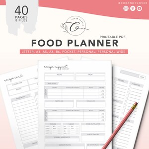 FOOD & RECIPE Planner | Printable | Weekly Meal Planner, Meal Planner Printable, Grocery Lists, Menu + Meal Planning Kit, Kitchen Organizer