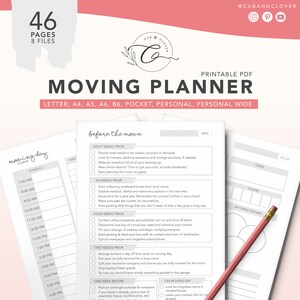 May include: A printable moving planner checklist with a pink and white color scheme. The checklist includes sections for eight weeks prior, six weeks prior, four weeks prior, two weeks prior, one week before, and on moving day. The checklist includes tasks such as deciding what needs to be tossed, recycled, or donated, contacting utility companies, packing an overnight suitcase, and turning off all lights and locks on moving day.