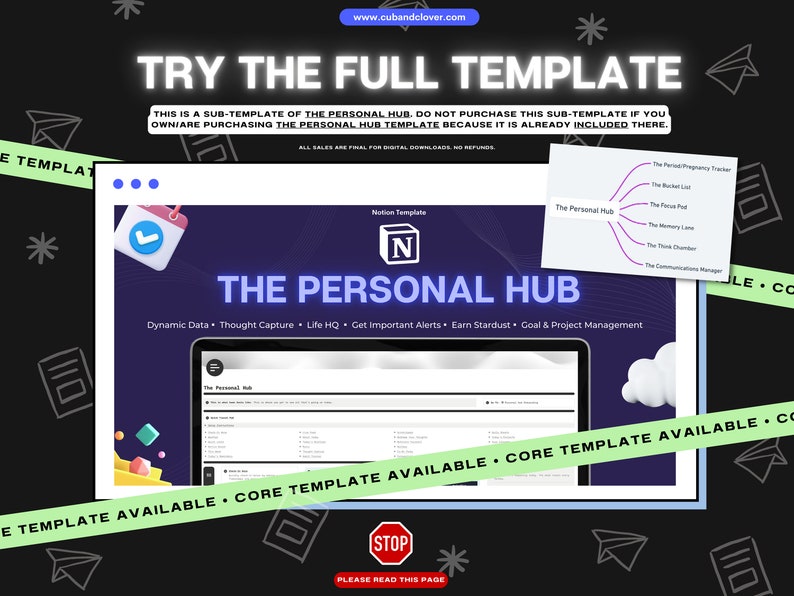Op de afbeelding: Een digitale producttemplate getiteld "The Personal Hub" met een donkerblauw en wit ontwerp. De template bevat functies voor dynamische data, gedachten vastleggen en Life HQ. De afbeelding bevat ook de tekst "Try the Full Template".