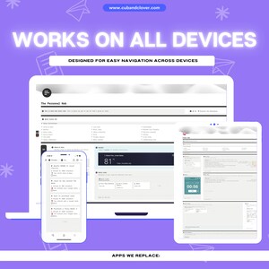 Peut inclure: Une capture d'&eacute;cran montrant un site Web sur un ordinateur portable, une tablette et un smartphone. Le site Web est con&ccedil;u pour une navigation facile sur tous les appareils. Le texte "WORKS ON ALL DEVICES" est affich&eacute; en grandes lettres blanches sur un fond violet. Le texte "DESIGNED FOR EASY NAVIGATION ACROSS DEVICES" est affich&eacute; en lettres blanches plus petites sous le premier texte. Le texte "APPS WE REPLACE" est affich&eacute; en lettres blanches sur un fond blanc en bas de l'image.