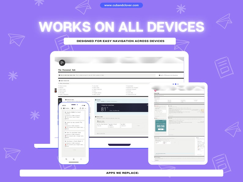 Peut inclure: Une capture d'&eacute;cran montrant un site Web sur un ordinateur portable, une tablette et un smartphone. Le site Web est con&ccedil;u pour une navigation facile sur tous les appareils. Le texte "WORKS ON ALL DEVICES" est affich&eacute; en grandes lettres blanches sur un fond violet. Le texte "DESIGNED FOR EASY NAVIGATION ACROSS DEVICES" est affich&eacute; en lettres blanches plus petites sous le premier texte. Le texte "APPS WE REPLACE" est affich&eacute; en lettres blanches sur un fond blanc en bas de l'image.