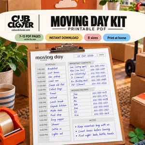 Moving Day Kit. Cub & Clover printable planner cover with actual worksheet examples, blue handwriting and cubandclover.com.