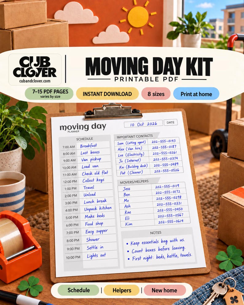 Moving Day Kit. Cub & Clover printable planner cover with actual worksheet examples, blue handwriting and cubandclover.com.