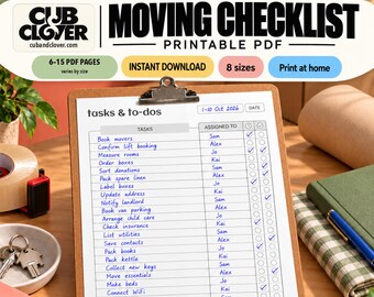 Lista de verificação para mudança em PDF para imprimir | Tarefas antes e depois da mudança (8 tamanhos)