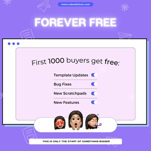 Peut inclure: Un graphique violet et blanc avec le texte "FOREVER FREE" et "First 1000 buyers get free:" avec une liste de fonctionnalit&eacute;s comprenant "Template Updates", "Bug Fixes", "New Scratchpads", et "New Features". Le graphique comprend &eacute;galement trois &eacute;mojis de personnes qui c&eacute;l&egrave;brent.