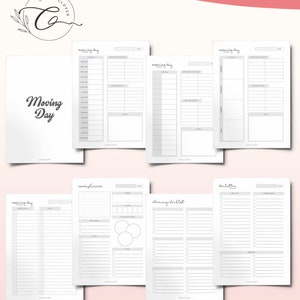 Pode incluir: Um conjunto de p&aacute;ginas de planejador imprim&iacute;veis com o texto "Moving Day" e a marca "Cub & Clover". As p&aacute;ginas incluem se&ccedil;&otilde;es para hor&aacute;rios, contatos, listas de verifica&ccedil;&atilde;o e planejamento de quartos, tudo em um design minimalista.