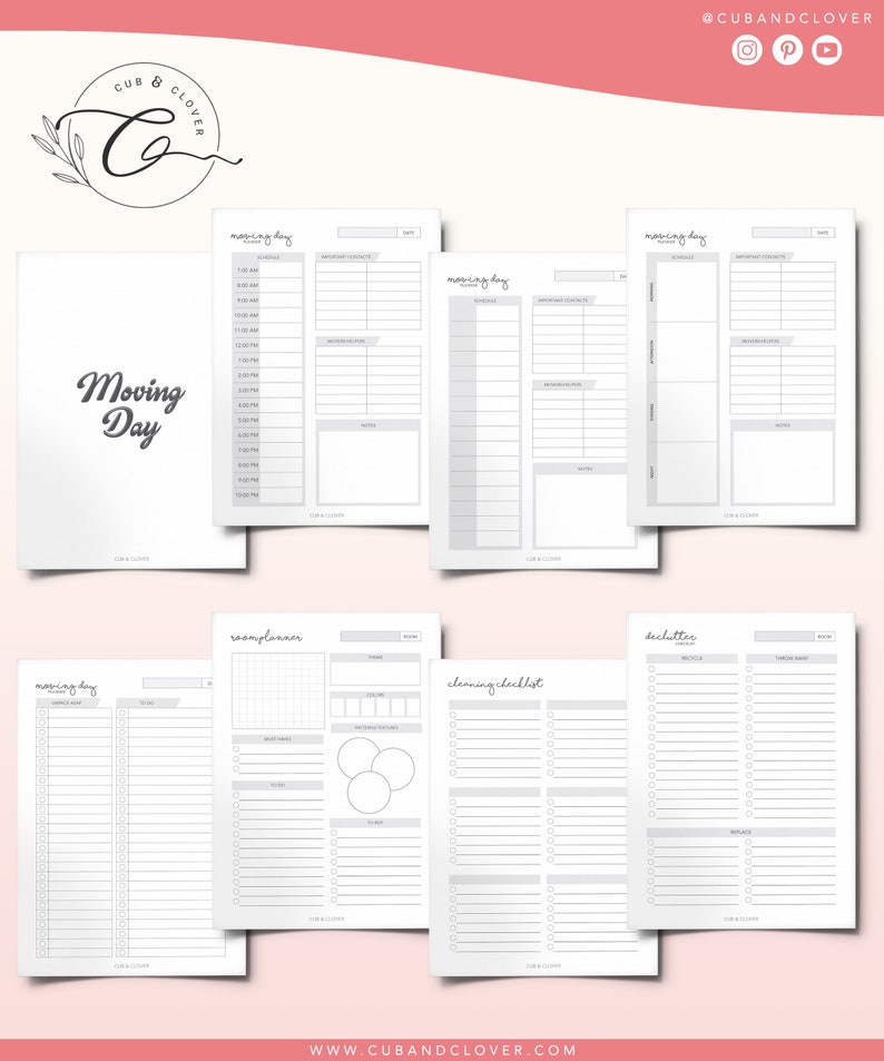 Pode incluir: Um conjunto de p&aacute;ginas de planejador imprim&iacute;veis com o texto "Moving Day" e a marca "Cub & Clover". As p&aacute;ginas incluem se&ccedil;&otilde;es para hor&aacute;rios, contatos, listas de verifica&ccedil;&atilde;o e planejamento de quartos, tudo em um design minimalista.