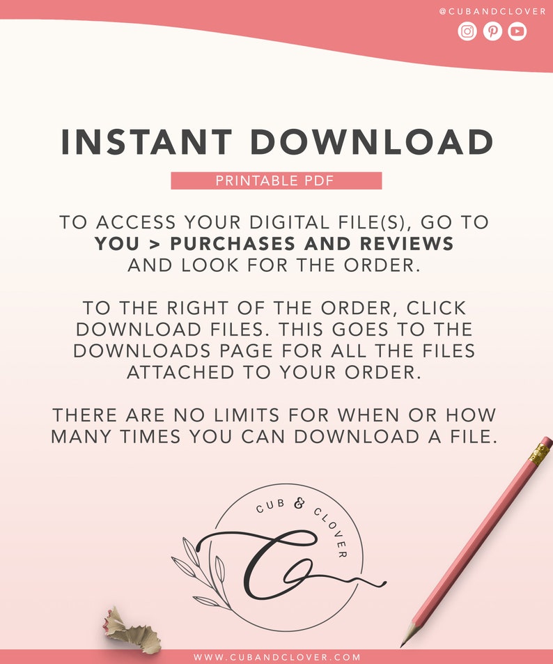 Pode incluir: An&uacute;ncio de download digital em PDF imprim&iacute;vel. O texto diz "Download instant&acirc;neo" e fornece instru&ccedil;&otilde;es sobre como acessar o arquivo. Um l&aacute;pis rosa e o logotipo Cub & Clover tamb&eacute;m s&atilde;o vis&iacute;veis.