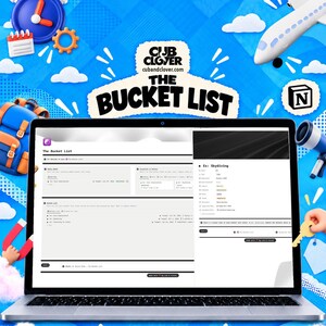Notion Bucket List Template | Goal Planner Dashboard (PDF). Cub & Clover product cover with the actual product shown, themed artwork and cubandclover.com.