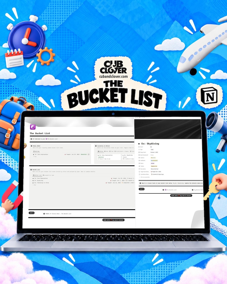 Notion Bucket List Template | Goal Planner Dashboard (PDF). Cub & Clover product cover with the actual product shown, themed artwork and cubandclover.com.