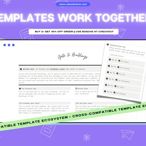 Peut inclure: Un mod&egrave;le de planificateur num&eacute;rique violet et blanc avec le texte "TEMPLATES WORK TOGETHER" et "BUY 2+ GET 40% OFF ORDER || USE BOGO40 AT CHECKOUT". Le mod&egrave;le est con&ccedil;u pour aider les utilisateurs &agrave; organiser leurs t&acirc;ches et activit&eacute;s quotidiennes. Le mod&egrave;le comprend une vari&eacute;t&eacute; de sections, telles que "Gate to Buildings", "The Personal Hub", "The Academy", "The Gym", et "The Estate Shop".