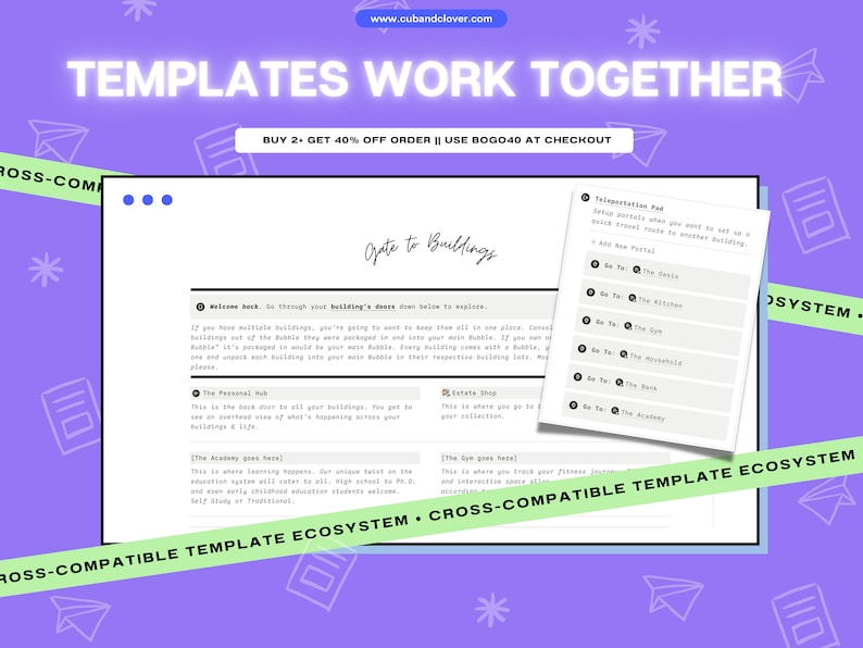 Peut inclure: Un mod&egrave;le de planificateur num&eacute;rique violet et blanc avec le texte "TEMPLATES WORK TOGETHER" et "BUY 2+ GET 40% OFF ORDER || USE BOGO40 AT CHECKOUT". Le mod&egrave;le est con&ccedil;u pour aider les utilisateurs &agrave; organiser leurs t&acirc;ches et activit&eacute;s quotidiennes. Le mod&egrave;le comprend une vari&eacute;t&eacute; de sections, telles que "Gate to Buildings", "The Personal Hub", "The Academy", "The Gym", et "The Estate Shop".