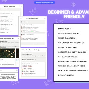 Peut inclure: Une capture d'&eacute;cran d'un &eacute;cran d'ordinateur montrant un logiciel avec un fond violet. Le logiciel est con&ccedil;u pour aider les utilisateurs &agrave; g&eacute;rer leurs t&acirc;ches quotidiennes et leurs corv&eacute;es. Le logiciel comprend un tableau d'affichage, des suggestions intelligentes, des alertes dynamiques et des mesures en un coup d'&oelig;il. Le logiciel est convivial pour les d&eacute;butants et les utilisateurs avanc&eacute;s et comprend des fonctionnalit&eacute;s telles que des alertes intelligentes, une navigation intuitive, des suggestions intelligentes, des tableaux d'affichage automatis&eacute;s, des points de contact clairs, des instructions dans chaque bloc, tous les blocs &eacute;tiquet&eacute;s, des barres de progression et de propret&eacute;, une conception de glisser-d&eacute;poser flexible, des mod&egrave;les avec chaque base de donn&eacute;es et un syst&egrave;me de r&eacute;compense.