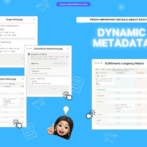 Op de afbeelding: Een blauwe afbeelding met de tekst "DYNAMIC METADATA" en verschillende digitale documenten. De documenten bevatten tekst zoals "Target Dates.jpg", "Countdown Statements.jpg" en "Fulfillment x Urgency Matrix". Er is ook een cartoonvrouw aanwezig.