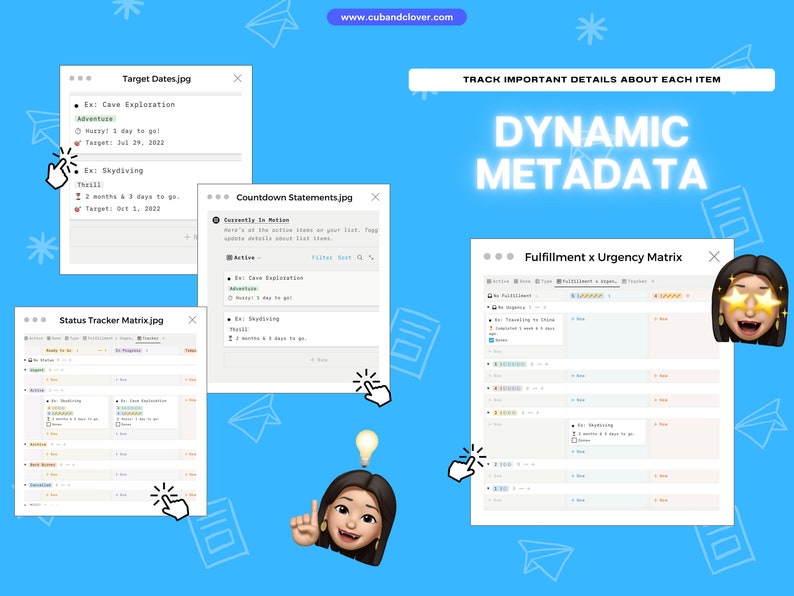 Op de afbeelding: Een blauwe afbeelding met de tekst "DYNAMIC METADATA" en verschillende digitale documenten. De documenten bevatten tekst zoals "Target Dates.jpg", "Countdown Statements.jpg" en "Fulfillment x Urgency Matrix". Er is ook een cartoonvrouw aanwezig.