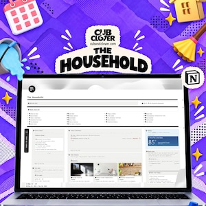Household Notion Planner | Chores, Cleaning, ADHD Friendly (Digital Download). Cub & Clover product cover with the actual product shown, themed artwork and cubandclover.com.