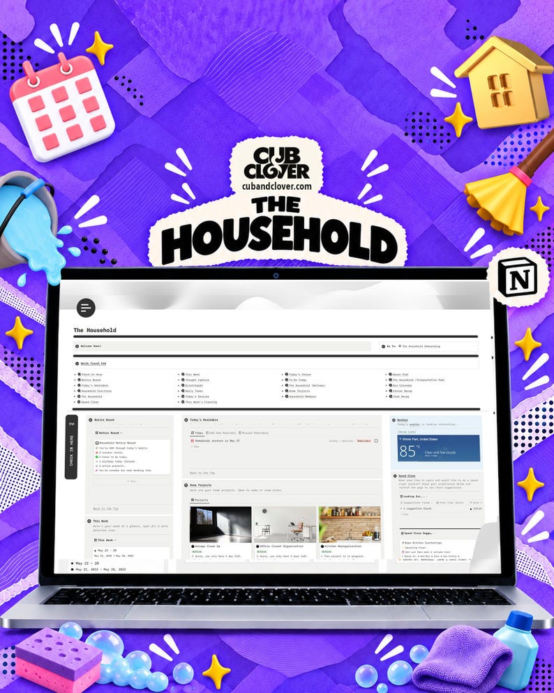 Household Notion Planner | Chores, Cleaning, ADHD Friendly (Digital Download). Cub & Clover product cover with the actual product shown, themed artwork and cubandclover.com.