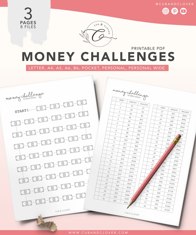 May include: Printable money challenge tracker with two pages. The first page has a grid of 52 dollar bill icons to track weekly savings. The second page has a table to track weekly savings amounts and balances.