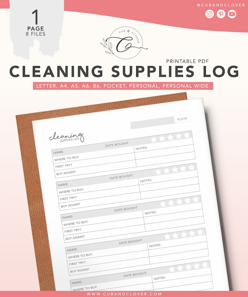 CLEANING SUPPLIES LOG Printable Household Cleaning Planner, Weekly Cleaning, Chore Chart, Cleaning Schedule, Supplies Tracker image 1