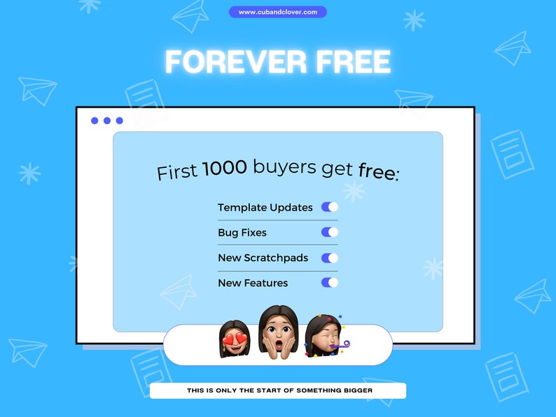 Op de afbeelding: Een digitale afbeelding met de woorden "FOREVER FREE" in witte neonletters. De tekst "First 1000 buyers get free" wordt weergegeven, samen met een lijst met gratis functies. Drie emoji-gezichten staan onderaan, met de tekst "THIS IS ONLY THE START OF SOMETHING BIGGER".