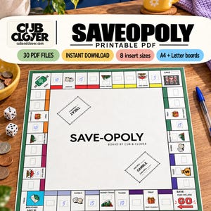 SAVEOPOLY. Cub & Clover printable planner cover with actual worksheet examples, blue handwriting and cubandclover.com.