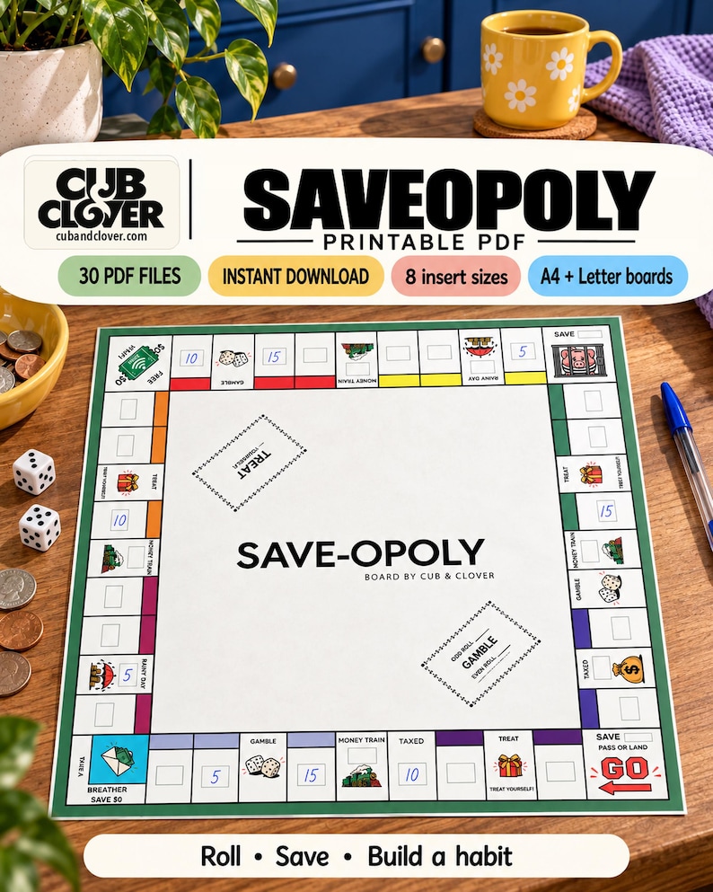 SAVEOPOLY. Cub & Clover printable planner cover with actual worksheet examples, blue handwriting and cubandclover.com.