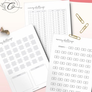 May include: A printable money challenge tracker with a grid of 52 squares, each representing a week of the year. The grid is labeled "Start!" and "End!" and has a dollar bill icon in each square. The tracker is designed to help people save money over 52 weeks.
