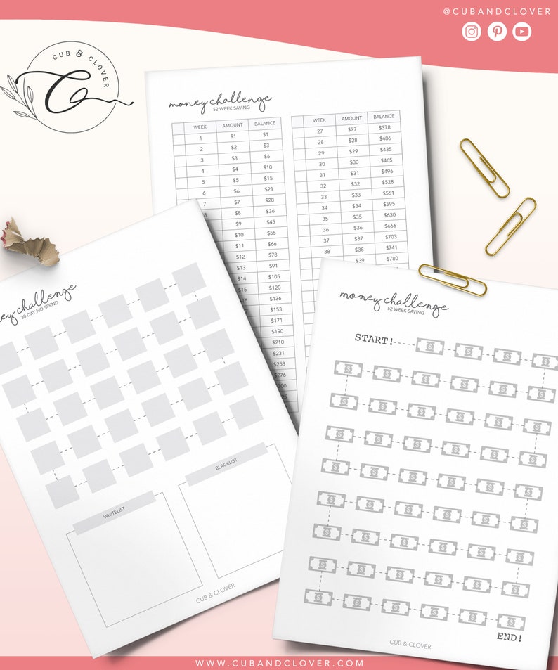 May include: A printable money challenge tracker with a grid of 52 squares, each representing a week of the year. The grid is labeled "Start!" and "End!" and has a dollar bill icon in each square. The tracker is designed to help people save money over 52 weeks.