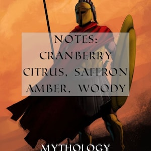 Puede incluir: Una ilustraci&oacute;n digital de un dios griego, Ares, que lleva una armadura roja y dorada, sosteniendo una lanza y un escudo. El texto "ARES" est&aacute; por encima de la imagen, y el texto "NOTES: CRANBERRY, CITRUS, SAFFRON, AMBER, WOODY" est&aacute; debajo de la imagen. El texto "MYTHOLOGY COLLECTION" est&aacute; en la parte inferior de la imagen.