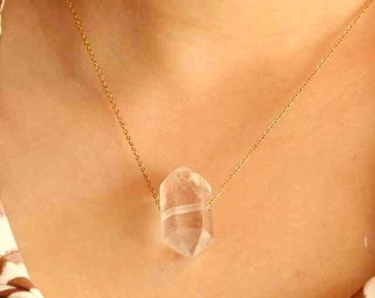Clear Quartz Double Point Crystal Necklace, Stainless Steel Chain, Silver and Gold Necklace, Stacking Crystal Necklace, Minimalist Jewelry