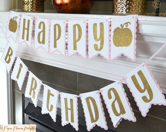Pumpkin Happy  Birthday Banner, Pink and Gold pumpkin Banner, Little Pumpkin Party Decor, Custom Name Banner.