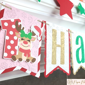 Girl Reindeer Birthday Banner, Christmas First Birthday Banner, One Christmas Banner, Christmas High Chair banner, Personalized Banner.