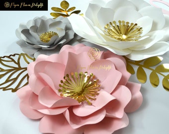 6 Piece Paper Flower Set, Nursery Paper Flower, Blush, Pink, Gray Paper Flowers