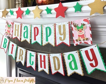 Girl Reindeer Birthday Banner, Girl Christmas Birthday Banner, Merry Birthday Banner, Personalized Banner.